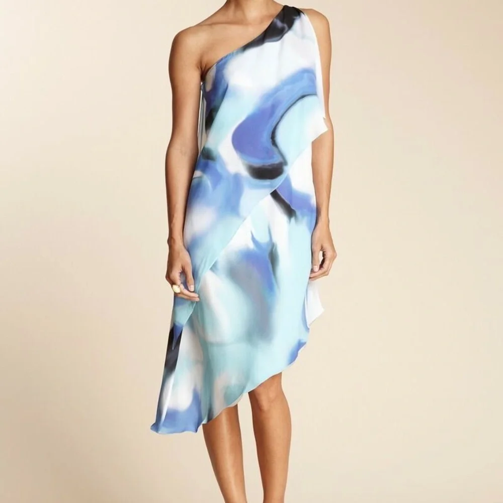 Halston Heritage Galaxy Blue One Shoulder Tiered Asymmetric Dress 8 - Picture 3 of 13